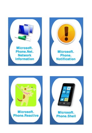 Microsoft.
 Phone.Net.       Microsoft.
   Network         Phone.
 information     Notification




  Microsoft.      Microsoft.
Phone.Reactive   Phone.Shell
 