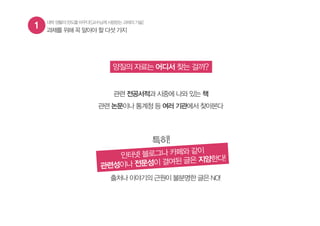 1 과제를 위해 꼭 알아야 할 다섯 가지
대학생활의판도를바꾸다![교수님께사랑받는과제의기술]
양질의 자료는 어디서 찾는 걸까?
관련 전공서적과 시중에 나와 있는 책
관련 논문이나 통계청 등 여러 기관에서 찾아본다
출처나 이야기의 근원이 불분명한 글은 NO!
 