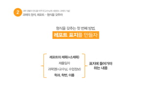 2 대학생활의판도를바꾸다![교수님께사랑받는과제의기술]
형식을 갖추는 첫 번째 방법,
레포트 표지를 만들자
과제의 정석, 레포트 – 형식을 갖추자
레포트의 제목(+소제목)
제출일자
과목명(+교수님, 수업정보)
학과, 학번, 이름
표지에 들어가야
하는 내용
 