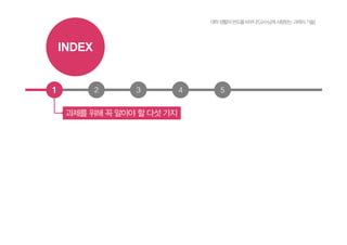 2 3 4 51
과제를 위해 꼭 알아야 할 다섯 가지
INDEX
대학생활의판도를바꾸다![교수님께사랑받는과제의기술]
 