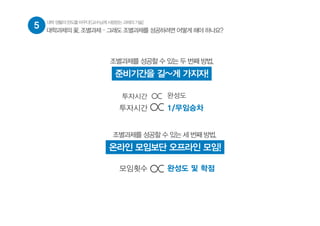 5 대학생활의판도를바꾸다![교수님께사랑받는과제의기술]
대학과제의 꽃, 조별과제 – 그래도 조별과제를 성공하려면 어떻게 해야 하나요?
조별과제를 성공할 수 있는 두 번째 방법,
준비기간을 길~게 가지자!
투자시간 완성도∝
투자시간 1/무임승차∝
조별과제를 성공할 수 있는 세 번째 방법,
온라인 모임보단 오프라인 모임!
모임횟수 완성도 및 학점∝
 