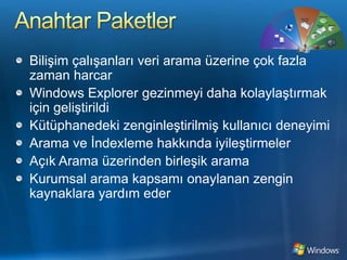 Anahtar PaketlerBilişim çalışanları veri arama üzerine çok fazla zaman harcarWindows Explorer gezinmeyi daha kolaylaştırmak için geliştirildiKütüphanedeki zenginleştirilmiş kullanıcı deneyimiArama ve İndexleme hakkında iyileştirmelerAçık Arama üzerinden birleşik aramaKurumsal arama kapsamı onaylanan zengin kaynaklara yardım eder