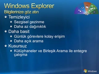 Windows ExplorerBilgilerinize göz atınTemizleyiciSezgisel gezinmeDaha az dağınıklıkDaha basitGünlük görevlere kolay erişimDaha açık aramaKusursuzKütüphaneler ve Birleşik Arama ile entegre çalışma
