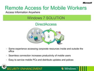 Remote Access for Mobile Workers Access Information AnywhereDirectAccessWindows 7 SOLUTIONSame experience accessing corporate resources inside and outside the officeSeamless connection increases productivity of mobile usersEasy to service mobile PCs and distribute updates and polices