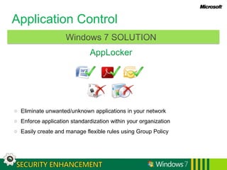 Application ControlAppLockerWindows 7 SOLUTIONEliminate unwanted/unknown applications in your networkEnforce application standardization within your organizationEasily create and manage flexible rules using Group Policy