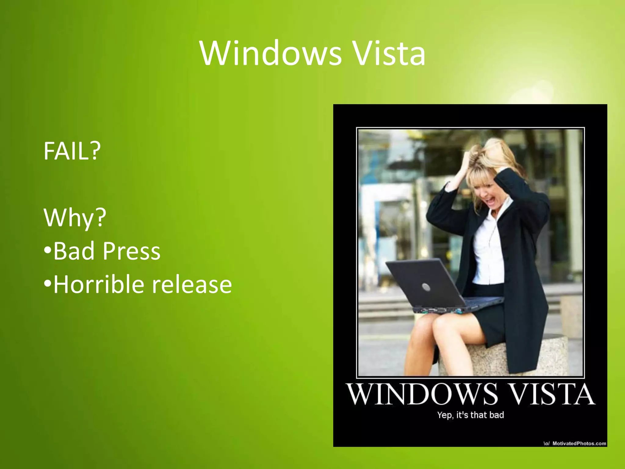 1% LinuxRealityUp to 94% of corporations skipped Windows VistaNew PC users had a choice to “downgrade” to XPNew OEM PCs will include Windows 7 and no choice for Windows Vista or XP for that matter.  All enterprise systems will be required to upgrade to either Vista or Windows 7 soon! Microsoft is threatening cut off dates already.Windows XP is 8 years old!