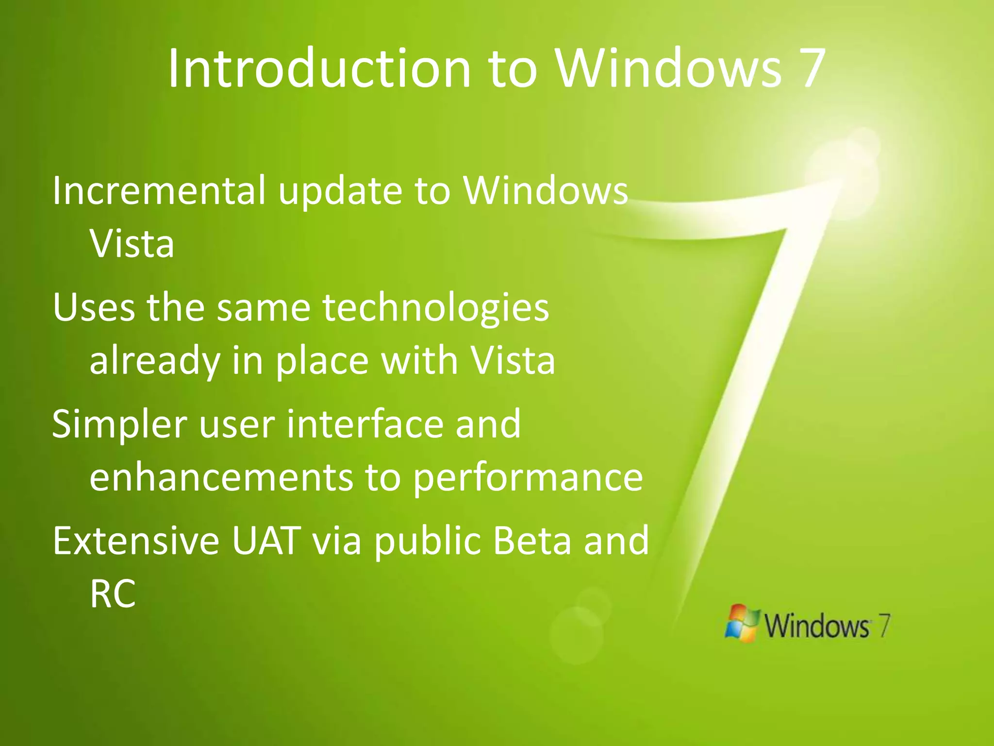 Windows Vista - Security FeaturesSecurity Development LifecycleWindows Service HardeningWindows DefenderInternet Explorer 7 w/Phishing FilterNG TCP/IP –IPv6, IPSec., WFPVista Firewall – inbound and outboundNetwork Access ProtectionUser Account Control – consent and credential promptingCode Integrity – all OS DLLS and exec digitally signedBitLocker, Encrypted File Systems, & Trusted Platform Module