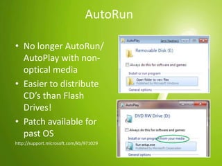BitLocker - IssuesHigh security environments can require a pin # or USB key before the system will bootRemote systems or servers in datacenter - BEWAREBitLocker is not a replacement for EFSBitLocker protects the whole drive at bootNo protection from user A seeing user B’s files post bootEFS solves this problem