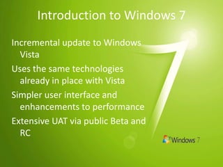 Windows Vista - Security FeaturesSecurity Development LifecycleWindows Service HardeningWindows DefenderInternet Explorer 7 w/Phishing FilterNG TCP/IP –IPv6, IPSec., WFPVista Firewall – inbound and outboundNetwork Access ProtectionUser Account Control – consent and credential promptingCode Integrity – all OS DLLS and exec digitally signedBitLocker, Encrypted File Systems, & Trusted Platform Module