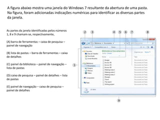 A figura abaixo mostra uma janela do Windows 7 resultante da abertura de uma pasta.
Na figura, foram adicionadas indicações numéricas para identificar as diversas partes
da janela.
As partes da janela identificadas pelos números
1, 8 e 9 chamam-se, respectivamente,
(A) barra de ferramentas – caixa de pesquisa –
painel de navegação
(B) lista de pastas – barra de ferramentas – caixa
de detalhes
(C) painel da biblioteca – painel de navegação –
lista de pastas
(D) caixa de pesquisa – painel de detalhes – lista
de pastas
(E) painel de navegação – caixa de pesquisa –
painel de detalhes
 