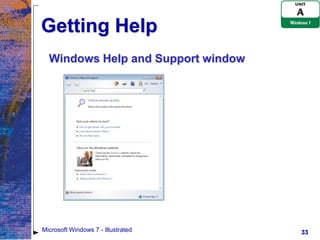 Getting Help
  Windows Help and Support window




Microsoft Windows 7 - Illustrated   33
 