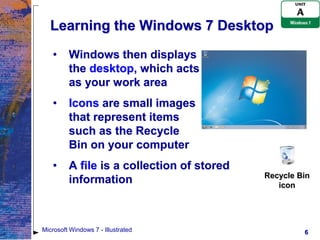 Learning the Windows 7 Desktop
   •     Windows then displays
         the desktop, which acts
         as your work area
   •     Icons are small images
         that represent items
         such as the Recycle
         Bin on your computer
   •     A file is a collection of stored
                                            Recycle Bin
         information                           icon




Microsoft Windows 7 - Illustrated                    6
 