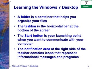 Learning the Windows 7 Desktop

  • A folder is a container that helps you
    organize your files
  • The taskbar is the horizontal bar at the
    bottom of the screen
  • The Start button is your launching point
    when you want to communicate with your
    computer
  • The notification area at the right side of the
    taskbar contains icons that represent
    informational messages and programs

Microsoft Windows 7 - Illustrated                    7
 