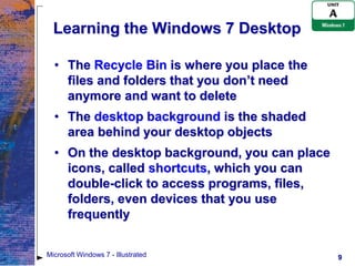 Learning the Windows 7 Desktop

  • The Recycle Bin is where you place the
    files and folders that you don’t need
    anymore and want to delete
  • The desktop background is the shaded
    area behind your desktop objects
  • On the desktop background, you can place
    icons, called shortcuts, which you can
    double-click to access programs, files,
    folders, even devices that you use
    frequently


Microsoft Windows 7 - Illustrated              9
 