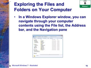 Exploring the Files and
  Folders on Your Computer
  • In a Windows Explorer window, you can
    navigate through your computer
    contents using the File list, the Address
    bar, and the Navigation pane




Microsoft Windows 7 - Illustrated           15
 
