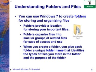 Understanding Folders and Files

  • You can use Windows 7 to create folders
    for storing and organizing files
        • Folders provide a location
          for storing your important files
        • Folders organize files into
          smaller groups of related files
          for ease of access and use
        • When you create a folder, you give each
          folder a unique folder name that identifies
          the types of files you store in the folder
          and the purpose of the folder


Microsoft Windows 7 - Illustrated                       5
 