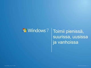 Toimii pienissä,
                           suurissa, uusissa
                           ja vanhoissa



Wednesday, June 17, 2009               Microsoft Confidential   14
 