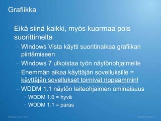 Grafiikka

 Eikä siinä kaikki, myös kuormaa pois
  suorittimelta
          – Windows Vista käytti suoritinaikaa grafiikan
            piirtämiseen
          – Windows 7 ulkoistaa työn näytönohjaimelle
          – Enemmän aikaa käyttäjän sovelluksille =
            käyttäjän sovellukset toimivat nopeammin!
          – WDDM 1.1 näytön laiteohjaimen ominaisuus
                    • WDDM 1.0 = hyvä
                    • WDDM 1.1 = paras

Wednesday, June 17, 2009                             Microsoft Confidential   7
 
