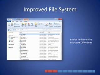 Improved File System



                 Similar to the current
                 Microsoft Office Suite
 