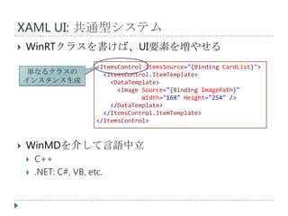 XAML UI: 共通型システム
   WinRTクラスを書けば、UI要素を増やせる
                        <ItemsControl ItemsSource="{Binding CardList}">
    単なるクラスの               <ItemsControl.ItemTemplate>
    インスタンス生成                <DataTemplate>
                              <Image Source="{Binding ImagePath}"
                                     Width="168" Height="254" />
                            </DataTemplate>
                          </ItemsControl.ItemTemplate>
                        </ItemsControl>



   WinMDを介して言語中立
       C++
       .NET: C#, VB, etc.
 