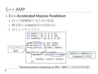 C++ AMP
   C++ Accelerated Massive Parallelism
       C++でGPGPU†するための拡張
       構文的にはrestrict句の追加のみ
       ほとんどライブラリ
               int aCPP[] = {1, 2, 3, 4, 5};
               int bCPP[] = {6, 7, 8, 9, 10};
               int sumCPP[5] = {0, 0, 0, 0, 0};

               array_view<int, 1> a(5, aCPP);
               array_view<int, 1> b(5, bCPP);
    ライブラリ      array_view<int, 1> sum(5, sumCPP);
      提供       parallel_for_each(sum.extent,
                   [=](index<1> idx) restrict(amp)   CPU実行かGPU実行か
                   {                                   をrestrict句で指定
                       sum[idx] = a[idx] + b[idx];
                   });


          † General-purpose computing on GPU（GPUによる汎用目的計算）
 