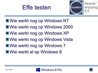 Effe testen

     Wie werkt nog op Windows NT
     Wie werkt nog op Windows 2000
     Wie werkt nog op Windows XP
     Wie werkt nog op Windows Vista
     Wie werkt nog op Windows 7
     Wie werkt al op Windows 8


20/11/2012                            4
 