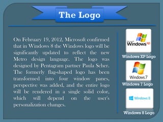 On February 19, 2012, Microsoft confirmed
that in Windows 8 the Windows logo will be
significantly updated to reflect the new
Metro design language. The logo was
designed by Pentagram partner Paula Scher.
The formerly flag-shaped logo has been
transformed into four window panes,
perspective was added, and the entire logo
will be rendered in a single solid color,
which will depend on the user's
personalization changes.
 