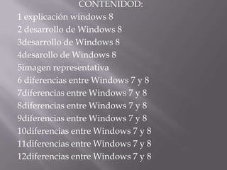 CONTENIDOD:
1 explicación windows 8
2 desarrollo de Windows 8
3desarrollo de Windows 8
4desarollo de Windows 8
5imagen representativa
6 diferencias entre Windows 7 y 8
7diferencias entre Windows 7 y 8
8diferencias entre Windows 7 y 8
9diferencias entre Windows 7 y 8
10diferencias entre Windows 7 y 8
11diferencias entre Windows 7 y 8
12diferencias entre Windows 7 y 8
 