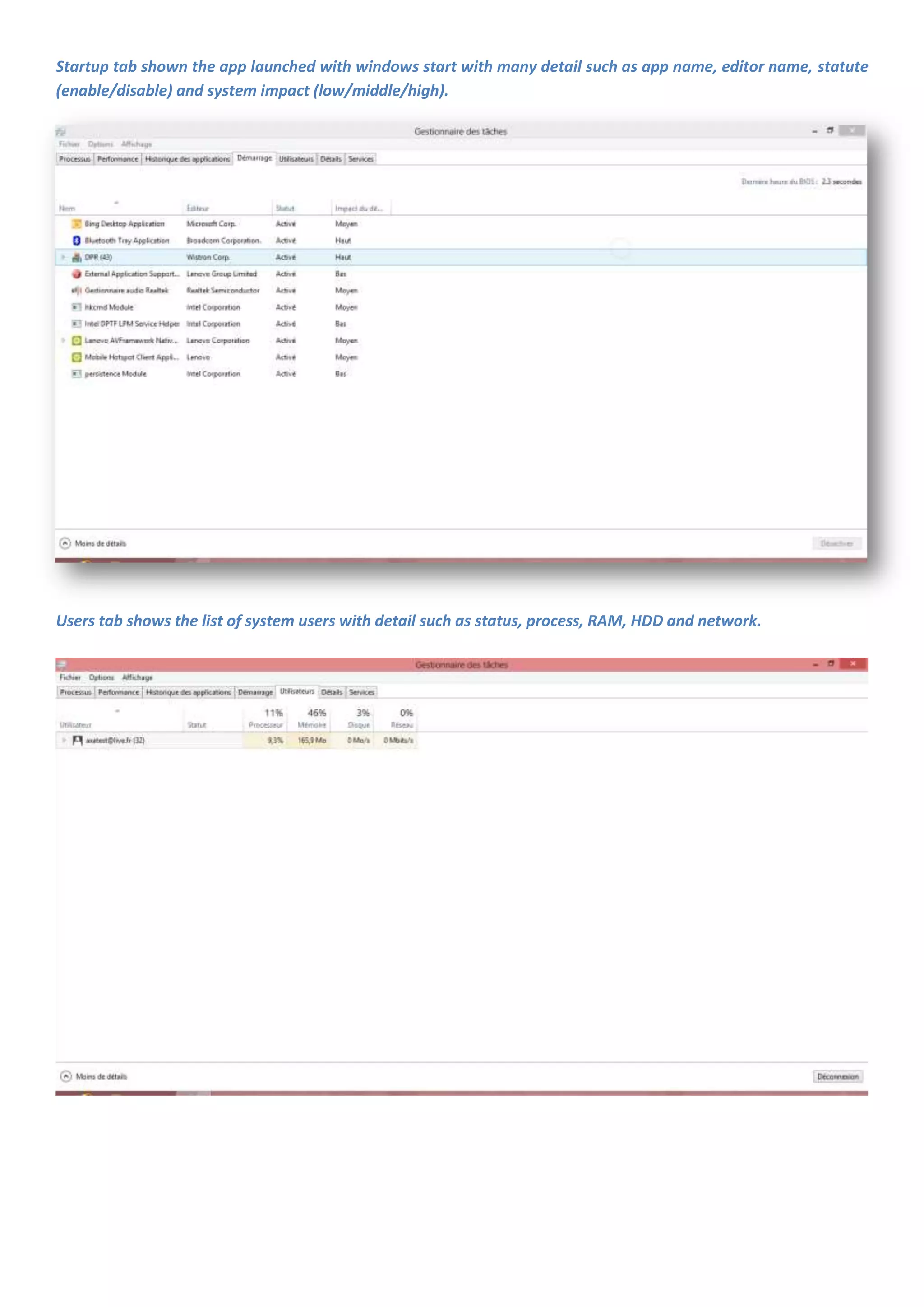 Startup tab shown the app launched with windows start with many detail such as app name, editor name, statute
(enable/disable) and system impact (low/middle/high).




Users tab shows the list of system users with detail such as status, process, RAM, HDD and network.
 