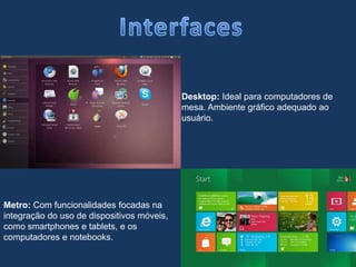 Metro: Com funcionalidades focadas na
integração do uso de dispositivos móveis,
como smartphones e tablets, e os
computadores e notebooks.
Desktop: Ideal para computadores de
mesa. Ambiente gráfico adequado ao
usuário.
 