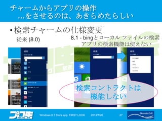 チャームからアプリの操作
…をさせるのは、あきらめたらしい
• 検索チャームの仕様変更
2013/7/20Windows 8.1 Store app. FIRST LOOK 27
従来 (8.0) 8.1 - bingとローカル ファイルの検索
アプリの検索機能は使えない
検索コントラクトは
機能しない
 