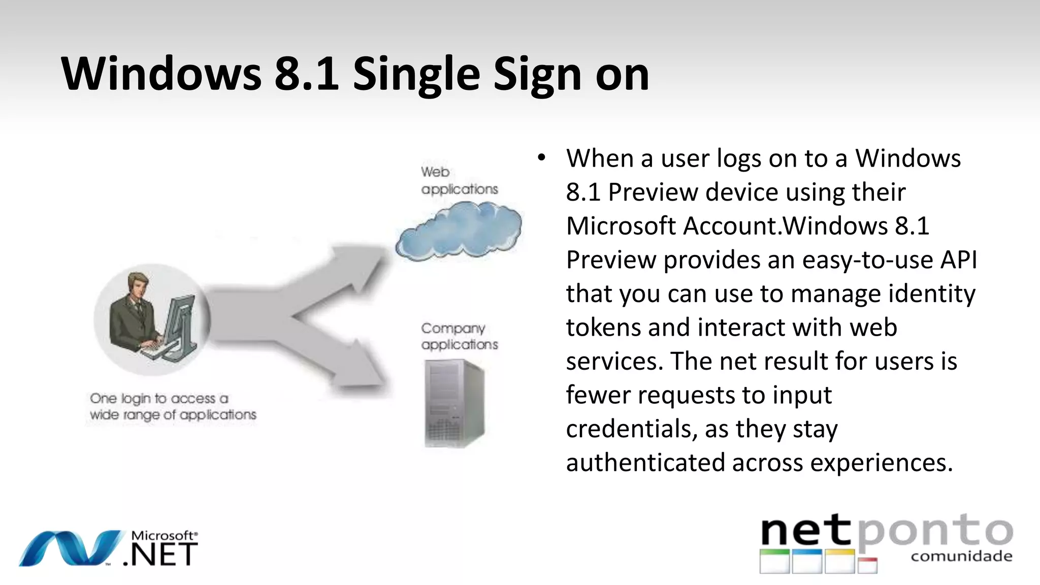 Windows 8.1 Single Sign on
• When a user logs on to a Windows
8.1 Preview device using their
Microsoft Account.Windows 8.1
Preview provides an easy-to-use API
that you can use to manage identity
tokens and interact with web
services. The net result for users is
fewer requests to input
credentials, as they stay
authenticated across experiences.
 