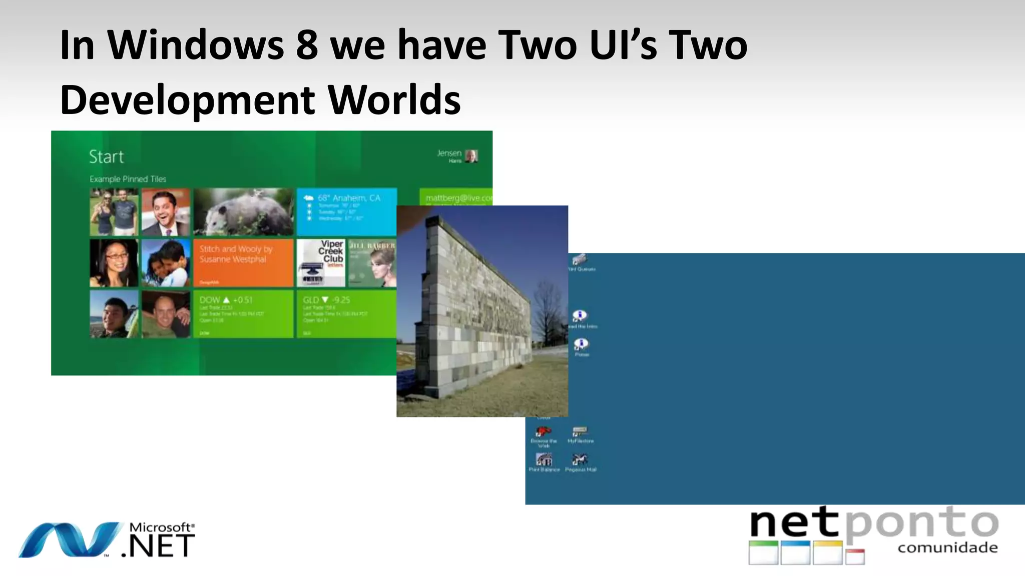 In Windows 8 we have Two UI’s Two
Development Worlds
 