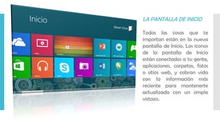 LA PANTALLA DE INICIO
Todas las cosas que te
importan están en la nueva
pantalla de Inicio. Los iconos
de la pantalla de Inicio
están conectados a tu gente,
aplicaciones, carpetas, fotos
o sitios web, y cobran vida
con la información más
reciente para mantenerte
actualizado con un simple
vistazo.
 