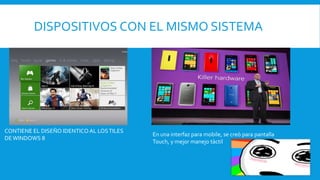 DISPOSITIVOS CON EL MISMO SISTEMA

CONTIENE EL DISEÑO IDENTICO AL LOS TILES
DE WINDOWS 8

En una interfaz para mobile, se creò para pantalla
Touch, y mejor manejo tàctil

 