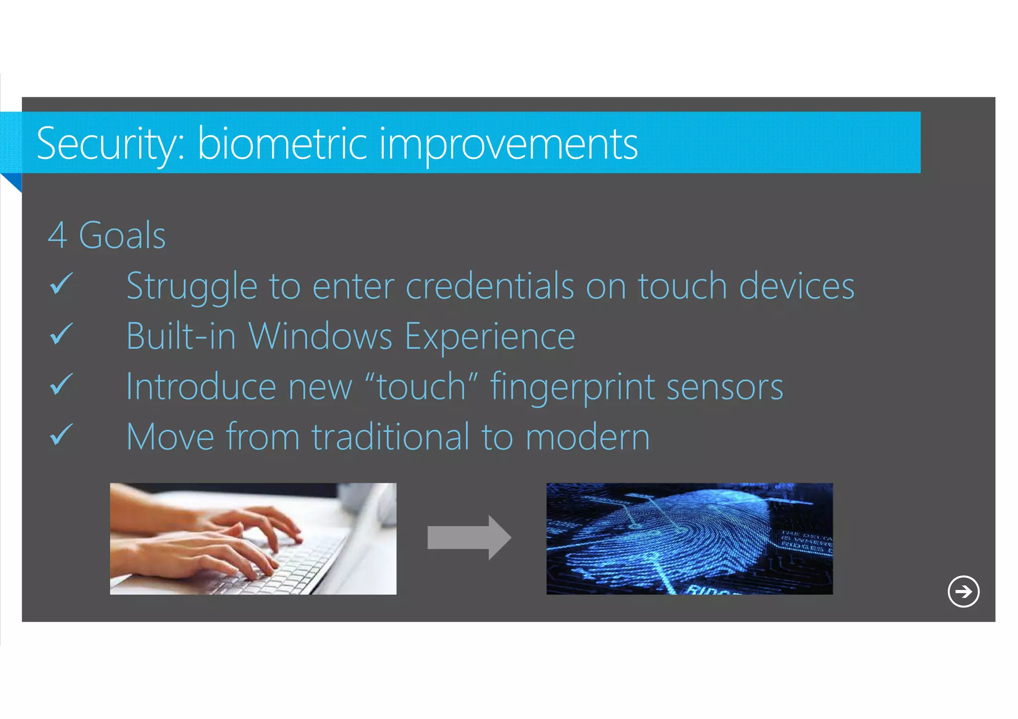 4 Goals
Struggle to enter credentials on touch devices
Built-in Windows Experience
Introduce new “touch” fingerprint sensors
Move from traditional to modern

Microsoft NDA Confidential

 