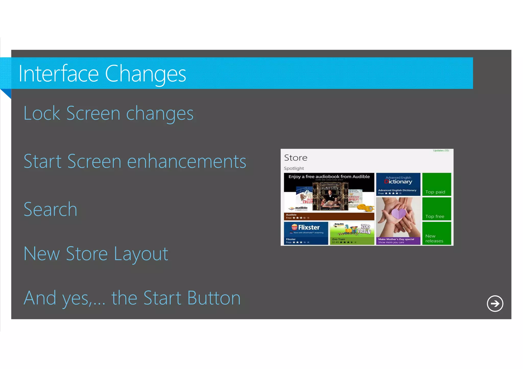 Lock Screen changes
Start Screen enhancements
Search
New Store Layout
And yes,… the Start Button
Microsoft NDA Confidential

 
