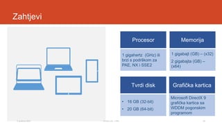 Zahtjevi
Procesor
1 gigahertz (GHz) ili
brzi s podrškom za
PAE, NX i SSE2

Tvrdi disk
• 16 GB (32-bit)
• 20 GB (64-bit)
3. prosinca 2013.

Tomislav Lulić - 3 PRO

Memorija
1 gigabajt (GB) – (x32)
2 gigabajta (GB) –
(x64)

Grafička kartica
Microsoft DirectX 9
grafička kartica sa
WDDM pogonskim
programom
14

 