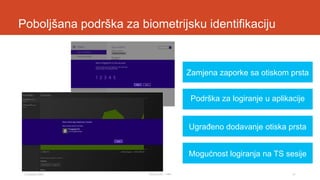 Poboljšana podrška za biometrijsku identifikaciju

Zamjena zaporke sa otiskom prsta
Podrška za logiranje u aplikacije
Ugrađeno dodavanje otiska prsta
Mogućnost logiranja na TS sesije
3. prosinca 2013.

Tomislav Lulić - 3 PRO

17

 