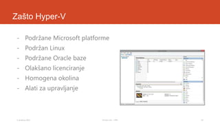 Zašto Hyper-V
- Podržane Microsoft platforme
- Podržan Linux

- Podržane Oracle baze
- Olakšano licenciranje
- Homogena okolina
- Alati za upravljanje

3. prosinca 2013.

Tomislav Lulić - 3 PRO

25

 
