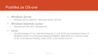 Podrška za OS-ove
• Windows Server
•

Windows Server 2003 R2 – Windows Server 2012 R2

• Windows klijentski sustav
•

Windows XP with SP3 – Windows 8.1

• Linux
•

3. prosinca 2013.

CentOS Desktop 5.7-6.4, Red Hat Enterprise 5.7-6.4, SUSE Linux Enterprise Server 11
SP2&SP3, SUSE Linux Enterprise Desktop SP2&SP3, OpenSUSE 12.1, Ubuntu 12.04,
12.10, 13.10 Ubuntu Desktop 12.04, 12.10, 13.10, Oracle Linux 6.4

Tomislav Lulić - 3 PRO

26

 