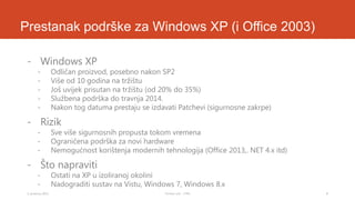 Prestanak podrške za Windows XP (i Office 2003)
- Windows XP
-

Odličan proizvod, posebno nakon SP2
Više od 10 godina na tržištu
Još uvijek prisutan na tržištu (od 20% do 35%)
Službena podrška do travnja 2014.
Nakon tog datuma prestaju se izdavati Patchevi (sigurnosne zakrpe)

- Rizik
-

Sve više sigurnosnih propusta tokom vremena
Ograničena podrška za novi hardware
Nemogućnost korištenja modernih tehnologija (Office 2013,. NET 4.x itd)

- Što napraviti
-

3. prosinca 2013.

Ostati na XP u izoliranoj okolini
Nadograditi sustav na Vistu, Windows 7, Windows 8.x
Tomislav Lulić - 3 PRO

8

 