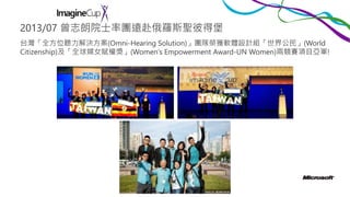 2013/07 曾志朗院士率團遠赴俄羅斯聖彼得堡
台灣「全方位聽力解決方案(Omni-Hearing Solution)」團隊榮獲軟體設計組「世界公民」(World
Citizenship)及「全球婦女賦權獎」(Women‘s Empowerment Award-UN Women)兩競賽項目亞軍!

 