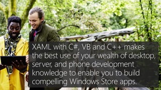 XAML with C#, VB and C++ makes
the best use of your wealth of desktop,
server, and phone development
knowledge to enable you to build
compelling Windows Store apps.

 