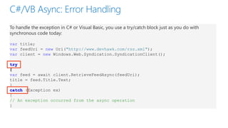 To handle the exception in C# or Visual Basic, you use a try/catch block just as you do with
synchronous code today:
var title;
var feedUri = new Uri("http://www.devhawk.com/rss.xml");
var client = new Windows.Web.Syndication.SyndicationClient();
try
{
var feed = await client.RetrieveFeedAsync(feedUri);
title = feed.Title.Text;
}
catch (Exception ex)
{
// An exception occurred from the async operation
}

 