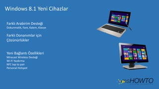 Windows 8.1 Yeni Cihazlar
Farklı Arabirim Desteği
Dokunmatik, Fare, Kalem, Klavye

Farklı Donanımlar için
Çözünürlükler
Yeni Bağlantı Özellikleri
Miracast Wireless Desteği
Wi-Fi Yazdırma
NFC tap to pair
Personal Hotspot

 