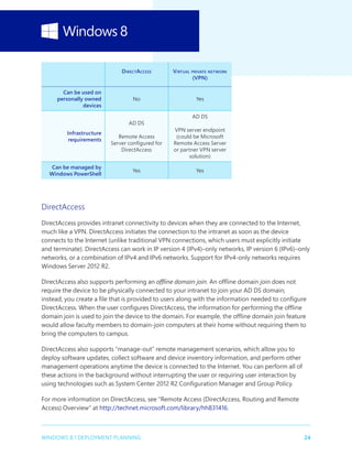 24WINDOWS 8.1 DEPLOYMENT PLANNING
DirectAccess Virtual private network
(VPN)
Can be used on
personally owned
devices
No Yes
Infrastructure
requirements
AD DS
Remote Access
Server configured for
DirectAccess
AD DS
VPN server endpoint
(could be Microsoft
Remote Access Server
or partner VPN server
solution)
Can be managed by
Windows PowerShell
Yes Yes
DirectAccess
DirectAccess provides intranet connectivity to devices when they are connected to the Internet,
much like a VPN. DirectAccess initiates the connection to the intranet as soon as the device
connects to the Internet (unlike traditional VPN connections, which users must explicitly initiate
and terminate). DirectAccess can work in IP version 4 (IPv4)–only networks, IP version 6 (IPv6)–only
networks, or a combination of IPv4 and IPv6 networks. Support for IPv4-only networks requires
Windows Server 2012 R2.
DirectAccess also supports performing an offline domain join. An offline domain join does not
require the device to be physically connected to your intranet to join your AD DS domain;
instead, you create a file that is provided to users along with the information needed to configure
DirectAccess. When the user configures DirectAccess, the information for performing the offline
domain join is used to join the device to the domain. For example, the offline domain join feature
would allow faculty members to domain-join computers at their home without requiring them to
bring the computers to campus.
DirectAccess also supports “manage-out” remote management scenarios, which allow you to
deploy software updates, collect software and device inventory information, and perform other
management operations anytime the device is connected to the Internet. You can perform all of
these actions in the background without interrupting the user or requiring user interaction by
using technologies such as System Center 2012 R2 Configuration Manager and Group Policy.
For more information on DirectAccess, see “Remote Access (DirectAccess, Routing and Remote
Access) Overview” at http://technet.microsoft.com/library/hh831416.
 