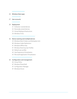 26	 Windows Store apps
27	 User accounts
29	 Deployment
31	 Institution-owned devices
32	 Personally owned devices
33	 Virtual Desktop Infrastructure
34	 Windows To Go
36	 Device roaming and multiple devices
39	 Windows Work Folders and Workplace Join
40	 Windows Folder Redirection
41	 Windows Offline Files
41	 Windows Roaming User Profiles
42	 Default user profiles
42	 User Experience Virtualization
43	 Microsoft Application Virtualization
44	 Configuration and management
46	 Group Policy
47	 Windows PowerShell
47	 Configuration Manager
47	 Windows Intune
 