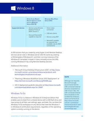 34WINDOWS 8.1 DEPLOYMENT PLANNING
Hyper-V and Remote
Desktop Services server
roles in Windows
Server 2012 R2
Windows MultiPoint
Server 2012
Supported devices •	 Devices using Remote
Desktop Protocol
(RDP) version 5
•	 Microsoft RemoteFX
capable as required
•	 Direct video
connected
•	 USB zero clients
•	 Devices using RDP
•	 RemoteFX capable
(as required and
available only for RDP
connections)
A VDI solution that you create by using Hyper-V and Remote Desktop
Services server roles in Windows Server 2012 R2 works by creating
a VM template of Windows 8.1, and then running instances of the
Windows 8.1 template in Hyper-V. Users remotely access the VMs
running Windows 8.1 by using Remote Desktop Services.
Additional information:
•	 “Microsoft Virtual Desktop Infrastructure (VDI)” at http://www.
microsoft.com/en-us/windows/enterprise/products-and-
technologies/virtualization/vdi.aspx
•	 “Planning a Windows MultiPoint Server 2012 Deployment” at
http://technet.microsoft.com/library/jj916408.aspx
•	 VDI: A deployment guide for education at http://www.microsoft.
com/download/details.aspx?id=39687
Windows To Go
Windows To Go is a feature in Windows 8.1 Enterprise edition that
enables users to boot from a shared device with a USB flash drive and
have access to all their user settings, apps, and data. You can boot the
Windows To Go workspace on any device that meet the Windows 7
or Windows 8 certification requirements, regardless of the operating
system currently running on the device.
NOTE
Although not required,
Microsoft strongly
recommends that the
USB-connected external
drive be connected to a
USB 3.0 port. Also, the
USB-connected external
drive should be on the
certified list of devices,
which can be found at
http://www.microsoft.
com/en-us/windows/
enterprise/products-and-
technologies/devices/
windowstogo.aspx.
 