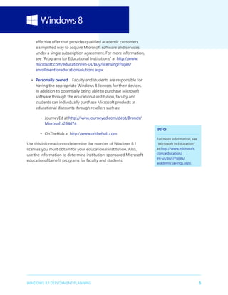 5WINDOWS 8.1 DEPLOYMENT PLANNING
effective offer that provides qualified academic customers
a simplified way to acquire Microsoft software and services
under a single subscription agreement. For more information,
see “Programs for Educational Institutions” at http://www.
microsoft.com/education/en-us/buy/licensing/Pages/
enrollmentforeducationsolutions.aspx.
•	 Personally owned  Faculty and students are responsible for
having the appropriate Windows 8 licenses for their devices.
In addition to potentially being able to purchase Microsoft
software through the educational institution, faculty and
students can individually purchase Microsoft products at
educational discounts through resellers such as:
•	 JourneyEd at http://www.journeyed.com/dept/Brands/
Microsoft/284074
•	 OnTheHub at http://www.onthehub.com
Use this information to determine the number of Windows 8.1
licenses you must obtain for your educational institution. Also,
use the information to determine institution-sponsored Microsoft
educational benefit programs for faculty and students.
INFO
For more information, see
“Microsoft in Education”
at http://www.microsoft.
com/education/
en-us/buy/Pages/
academicsavings.aspx.
 